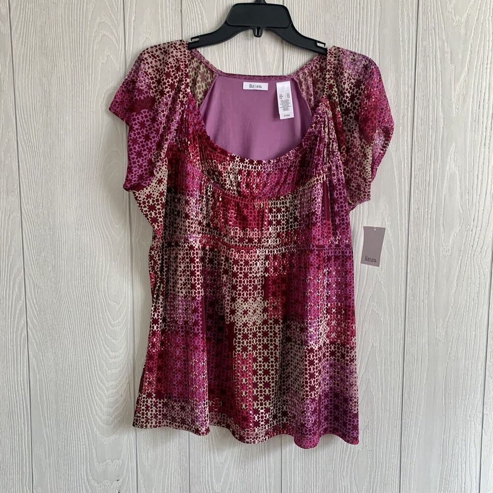 Liz & Co Purple Print Sheer Lined Short Sleeve Blouse Size XL NWT